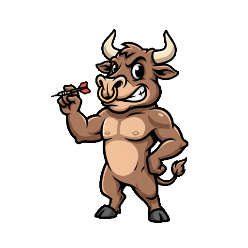 Chuck, the Chuck Darts bull mascot, holding a dart