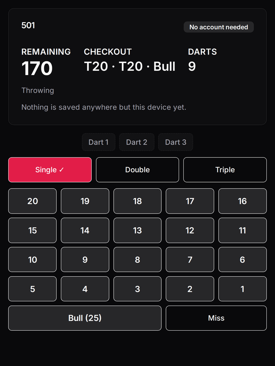 The Chuck Darts 501 board mid-leg: 170 remaining after nine darts, checkout T20, T20, Bull, with the scoring keypad below